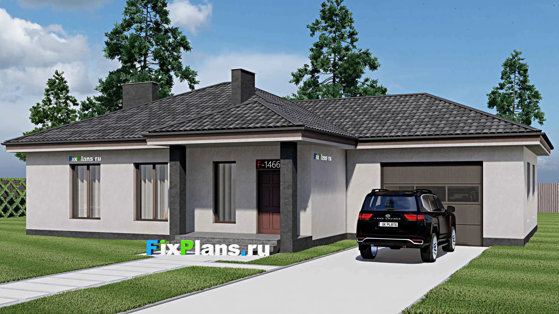 F-1466 - Проект одноэтажного дома 12 на 19, площадью 160 м² с гаражом на 2 машины и 3 спальнями
