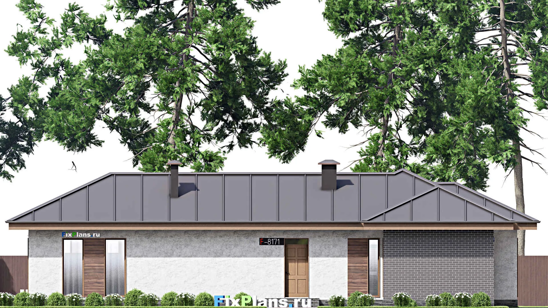 F-8171 - Проект одноэтажного дома 13 на 22, площадью 170 м² с террасой, бассейном и 3 спальнями