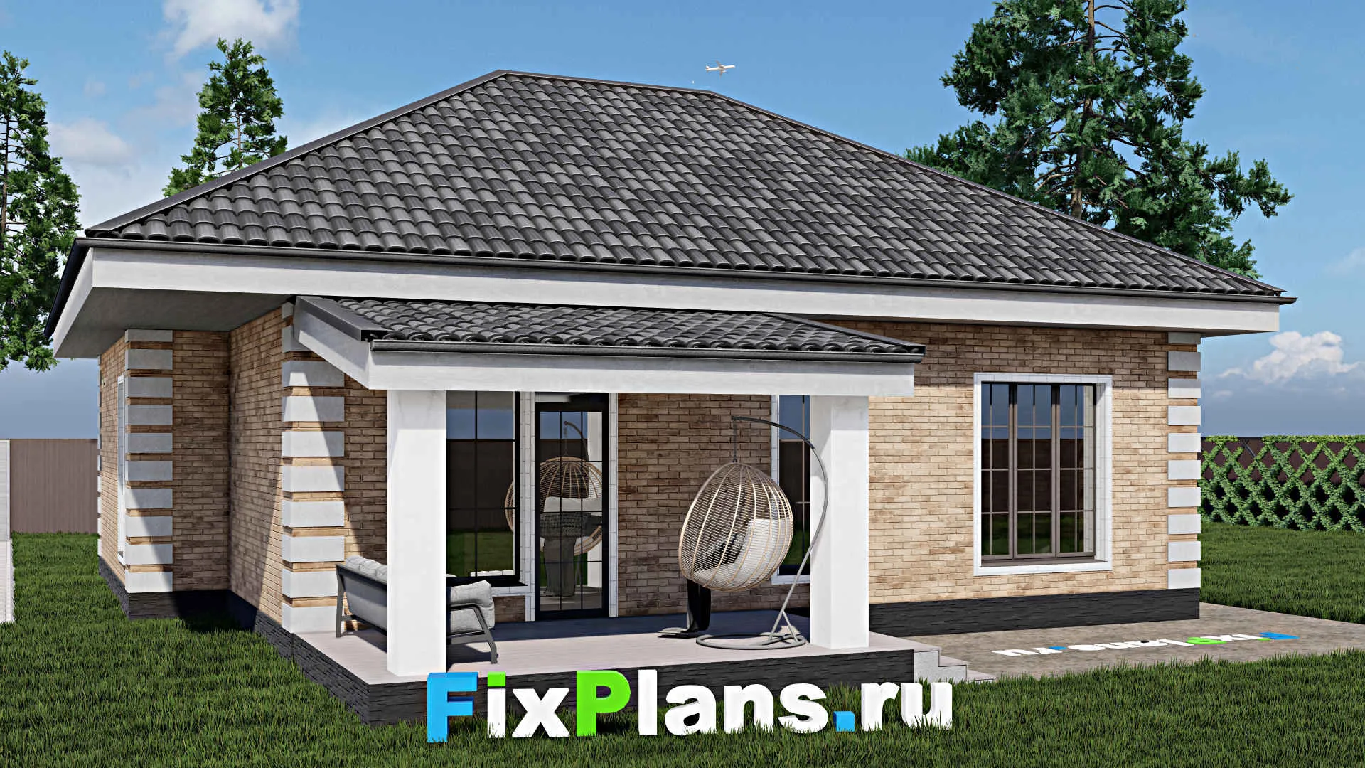 F-0944 - План одноэтажного дома 12 на 13, площадью 120 м² с террасой и 3 спальнями