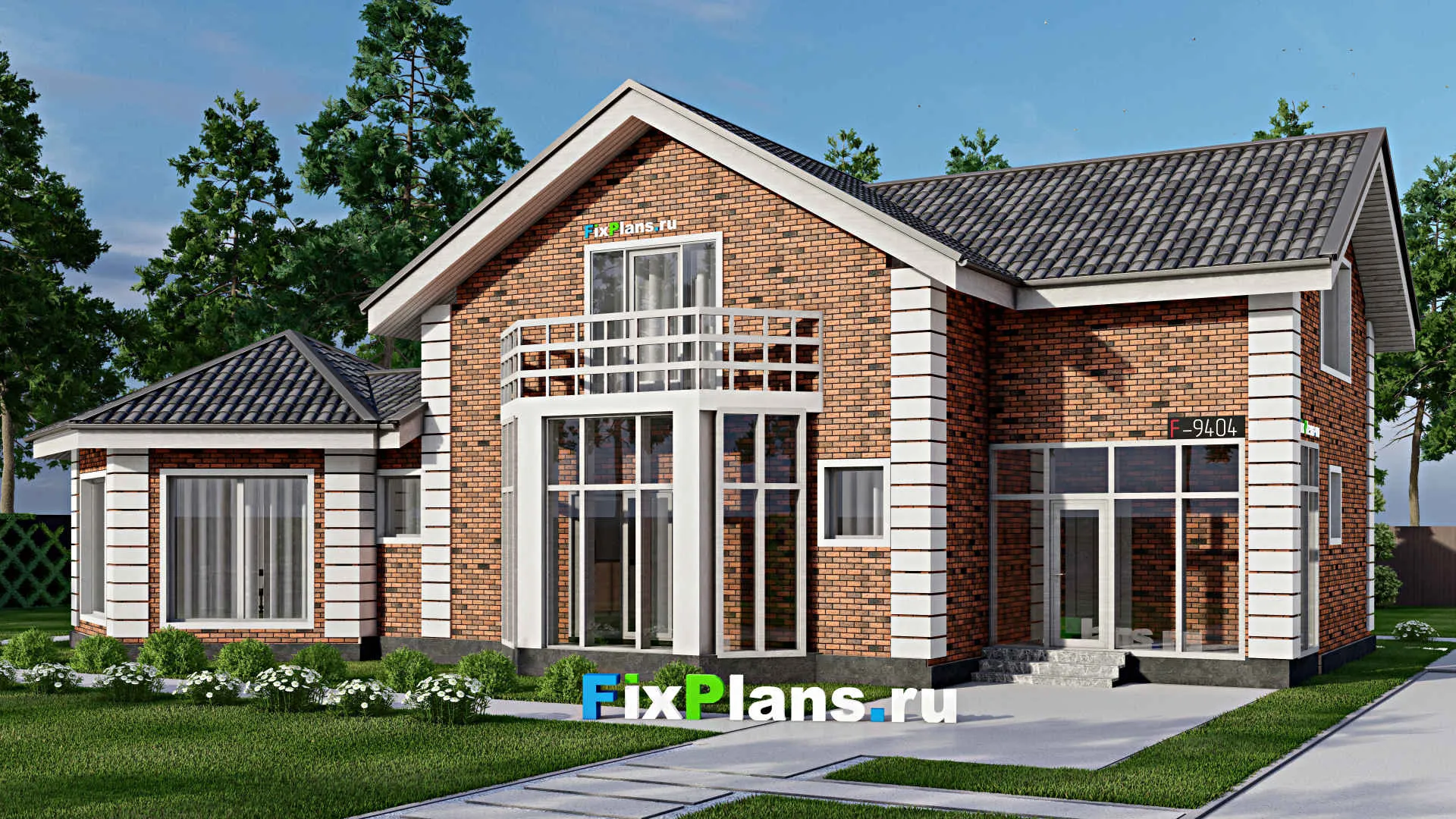 F-9404 - Проект дома с мансардой 15 на 20, площадью 240 м² с террасой, балконом и 3 спальнями