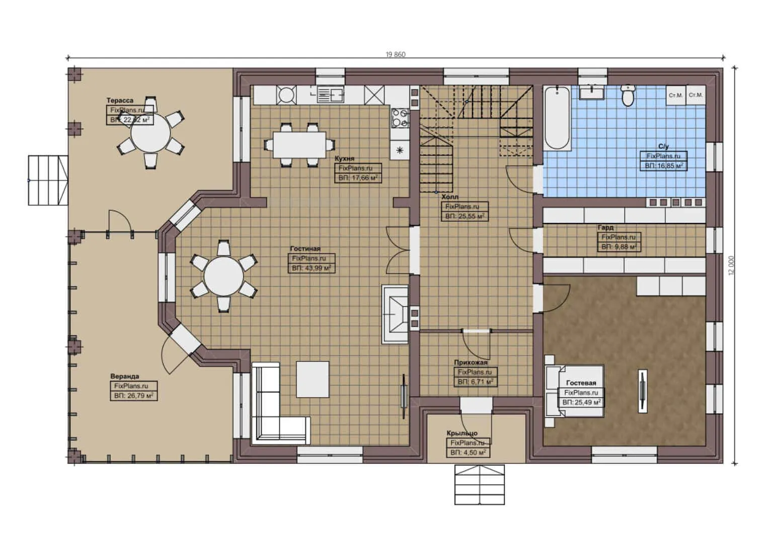 F-1529 - Планы двухэтажного дома 12 на 20, площадью 350 м² с террасой, балконом, спортзалом и 2 спальнями