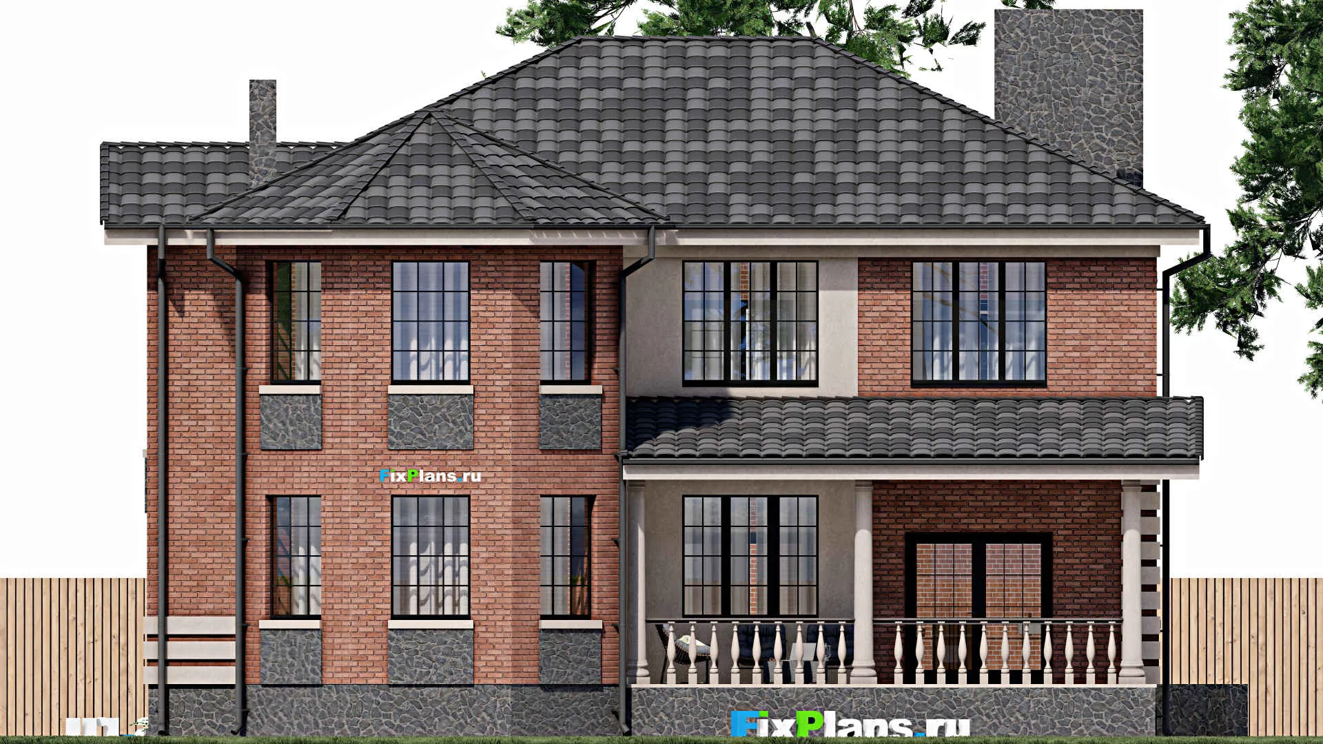 F-0395 - Планы двухэтажного дома 15 на 17, площадью 290 м² с террасой, балконом и 2 спальнями