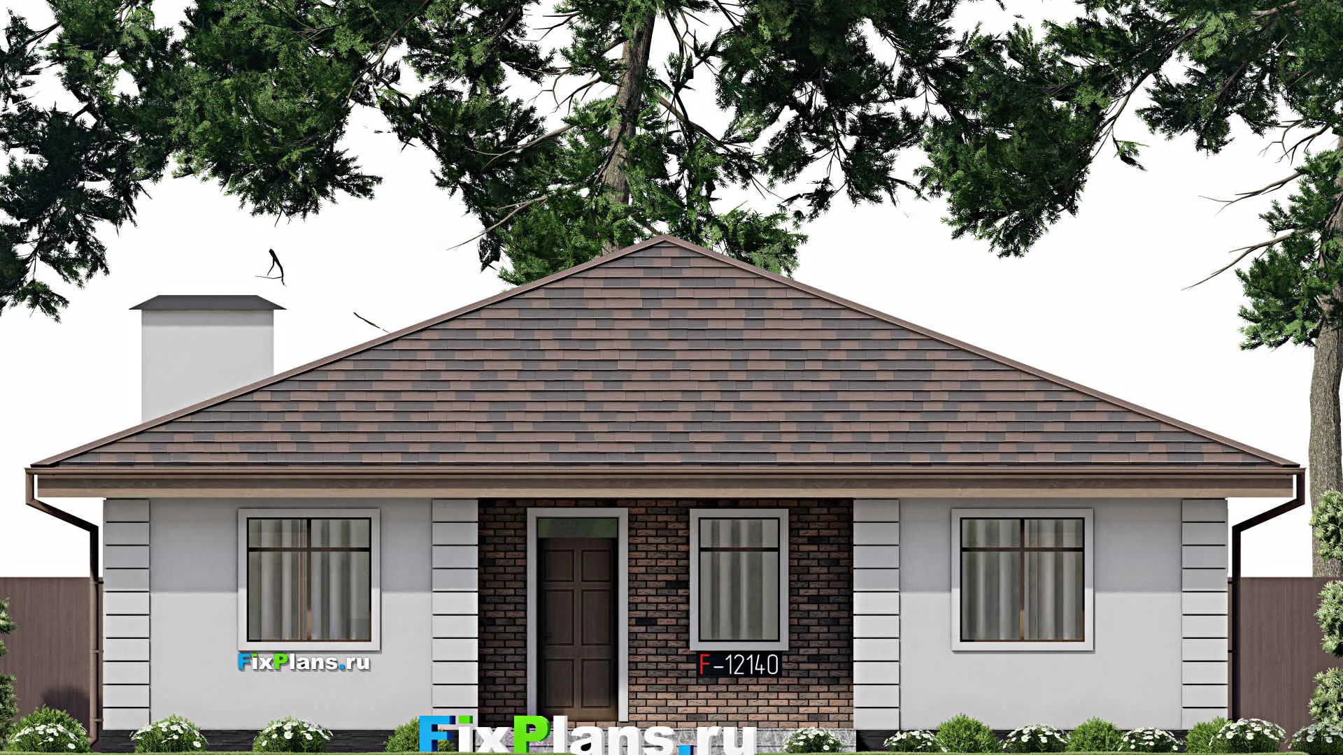 F-12140 - План одноэтажного дома 14 на 14, площадью 150 м² с террасой и 3 спальнями