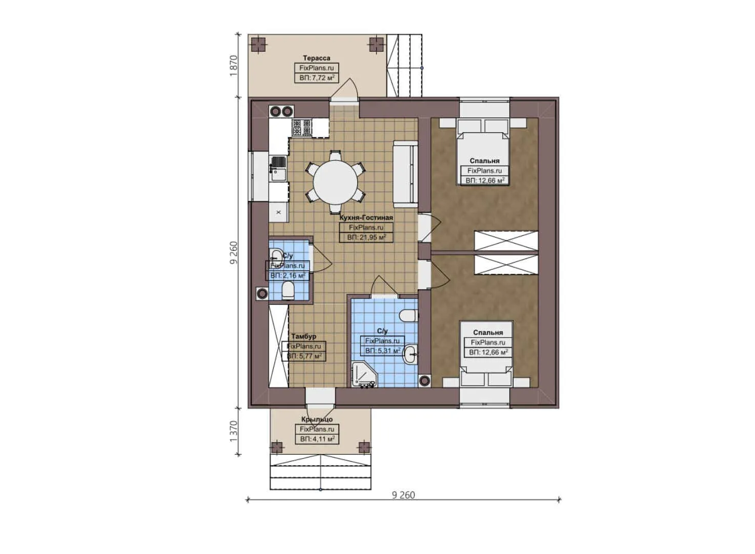 F-3338 - План одноэтажного дома 10 на 10, площадью 80 м² с террасой и 2 спальнями