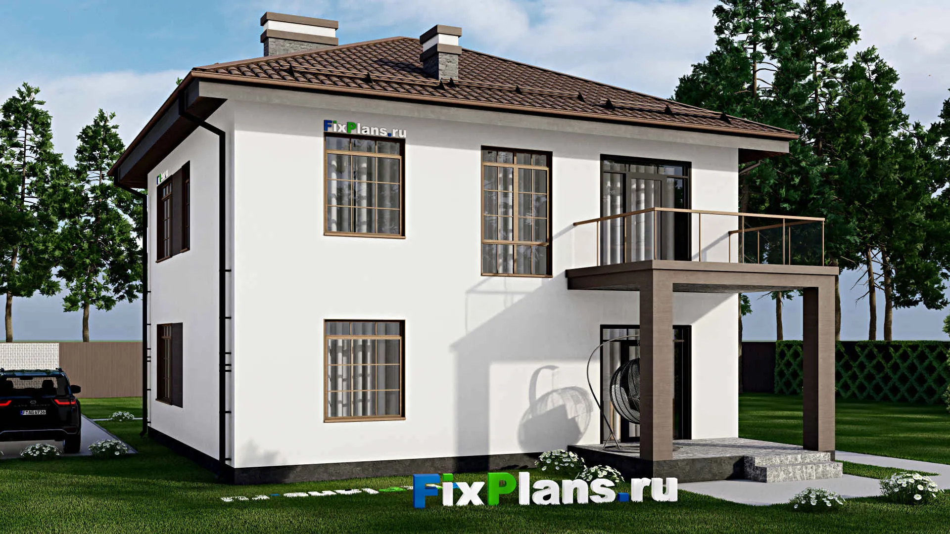 F-5624 - Проект двухэтажного дома 11 на 14, площадью 200 м² с террасой, балконом и 4 спальнями