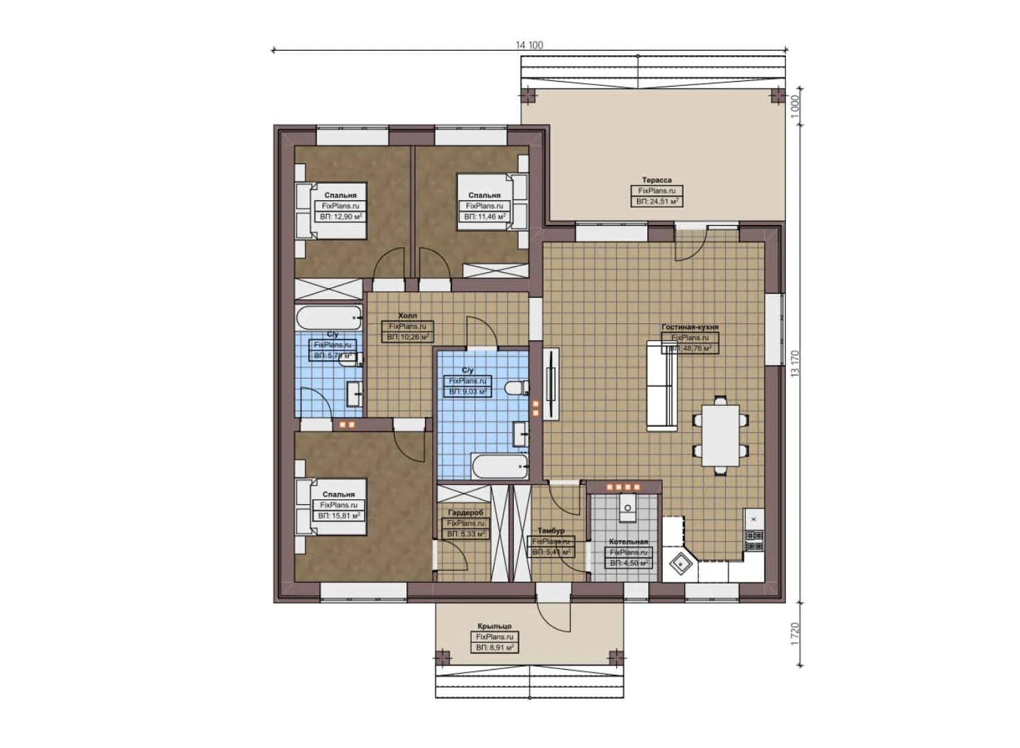 F-4616 - План одноэтажного дома 14 на 15, площадью 170 м² с террасой и 3 спальнями