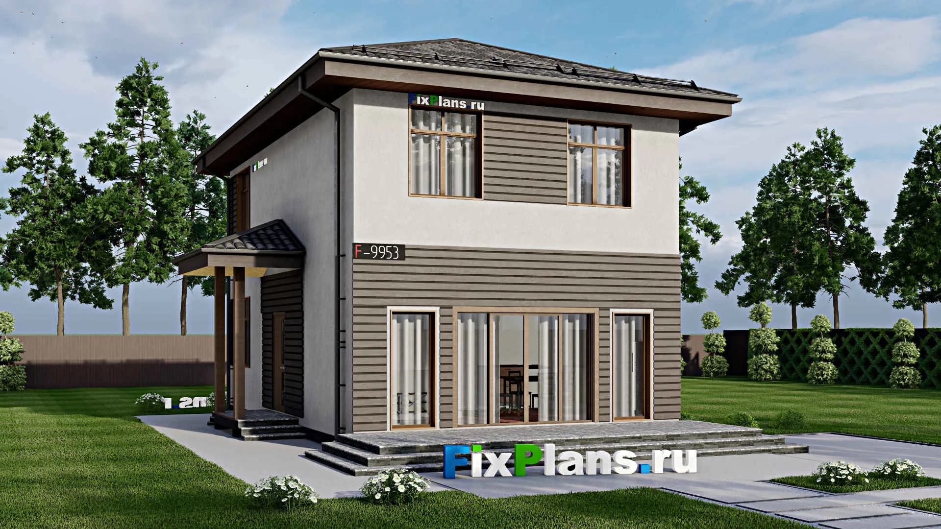 F-9953 - Проект двухэтажного дома 9 на 13, площадью 140 м² с террасой и 6 спальнями