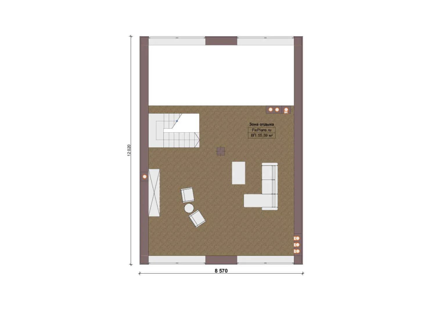 F-17612 - Планы дома с мансардой 12 на 15, площадью 190 м² с террасой и 1 спальнями