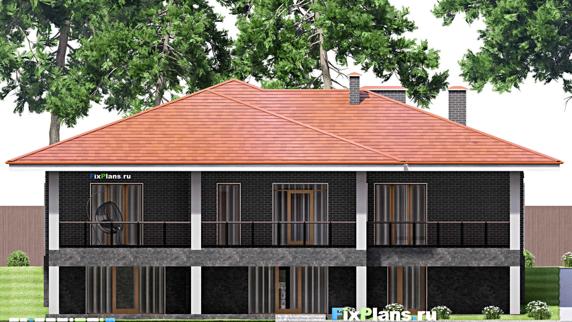 F-13247 - Проект одноэтажного дома 18 на 19, площадью 380 м² с террасой, цокольным этажом, спортзалом и 4 спальнями