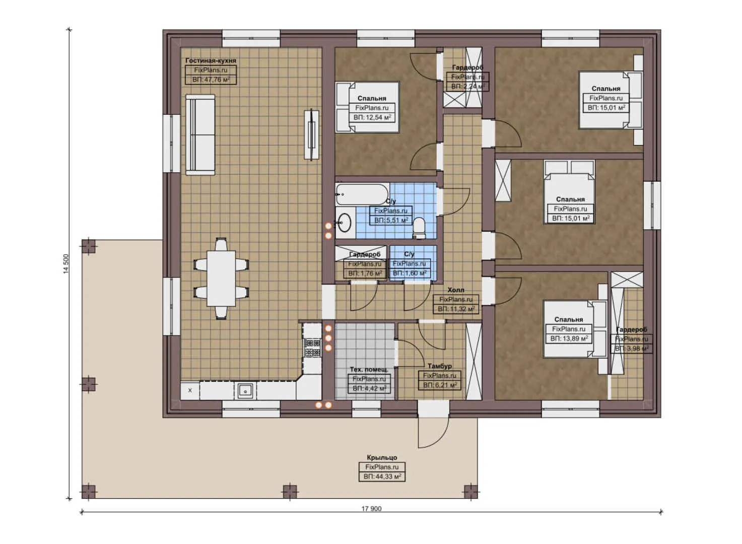 F-9368 - План одноэтажного дома 15 на 18, площадью 190 м² с 4 спальнями