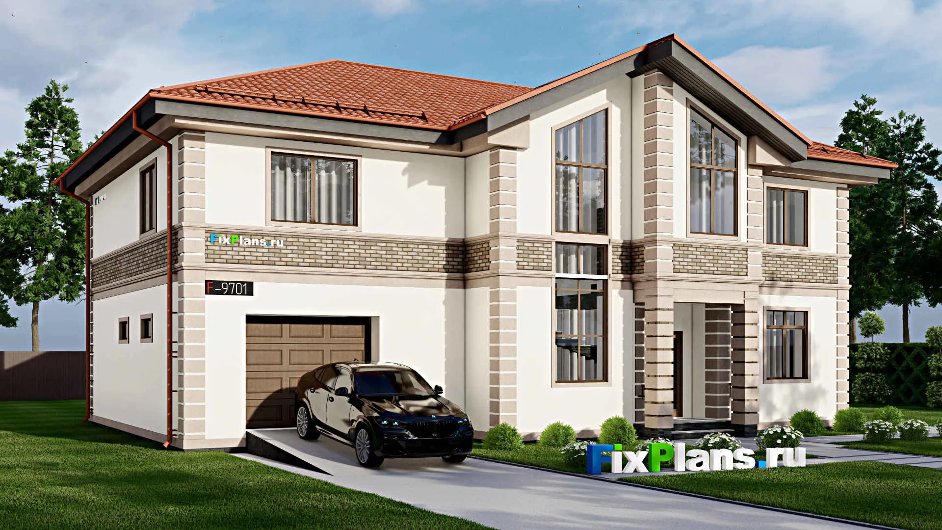 F-9701 - Проект двухэтажного дома 15 на 18, площадью 330 м² с террасой, балконом и 5 спальнями