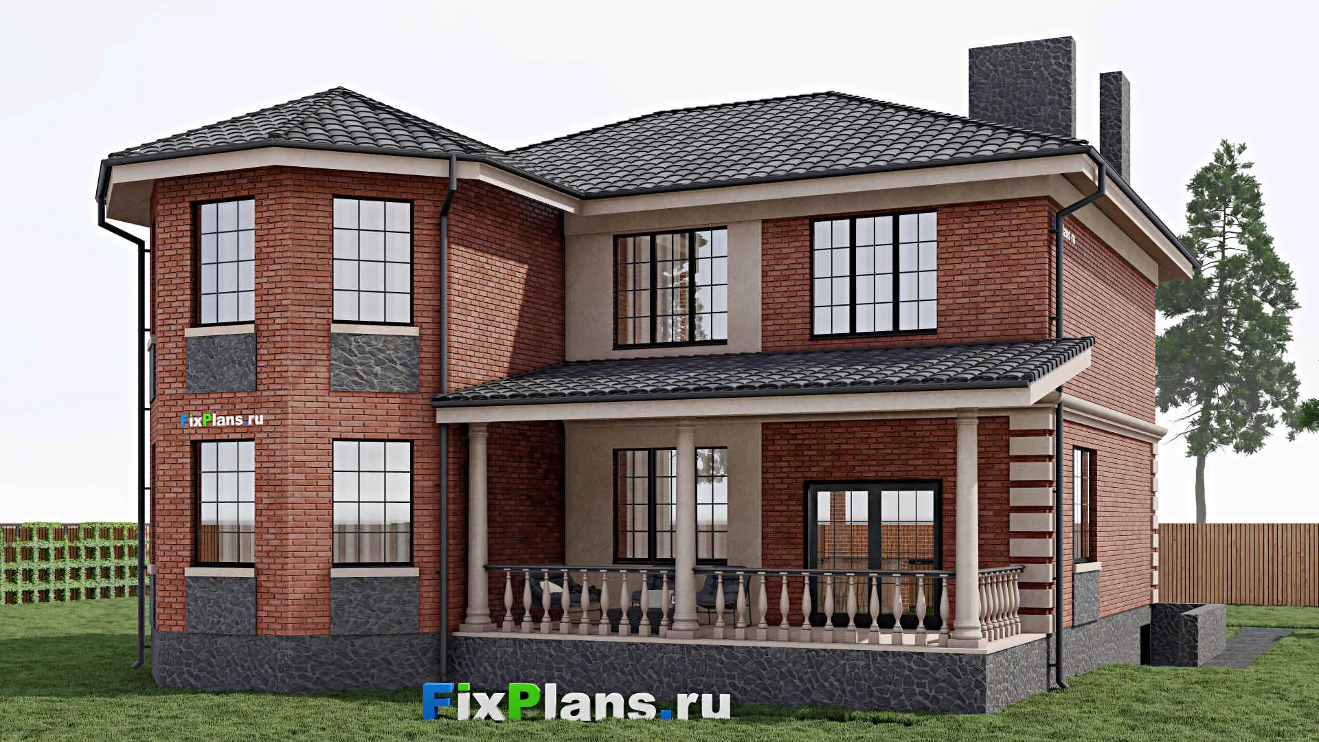 F-0395 - Планы двухэтажного дома 15 на 17, площадью 290 м² с террасой, балконом и 2 спальнями