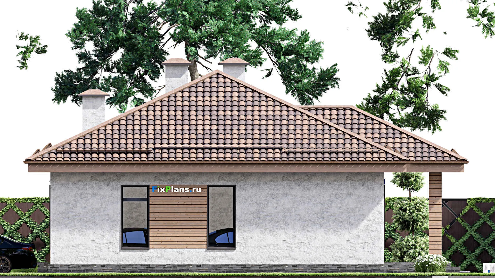 F-12572 - Проект одноэтажного дома 13 на 14, площадью 180 м² с террасой, гаражом на 2 машины и 2 спальнями