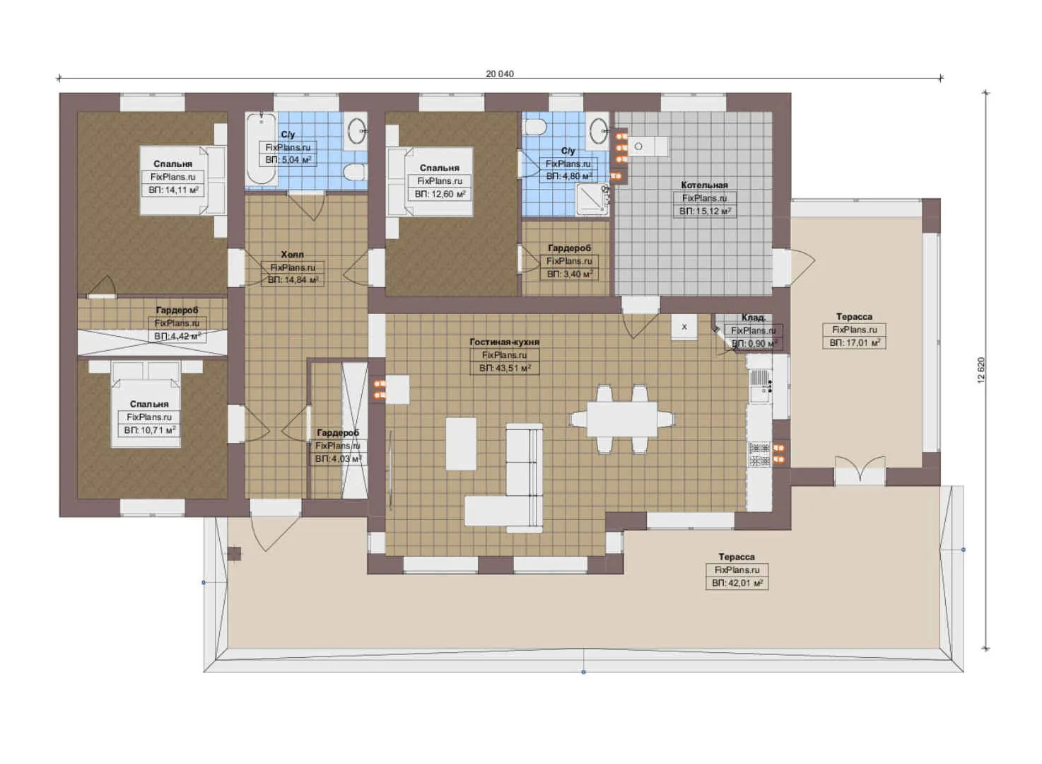 F-14372 - План одноэтажного дома 13 на 21, площадью 200 м² с террасой и 3 спальнями