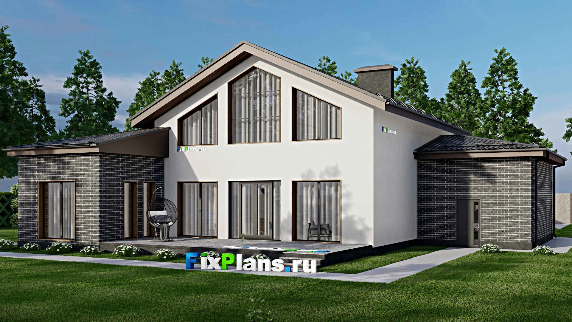 F-6668 - Проект дома с мансардой 17 на 19, площадью 310 м² с террасой, гаражом на 1 машину и 3 спальнями