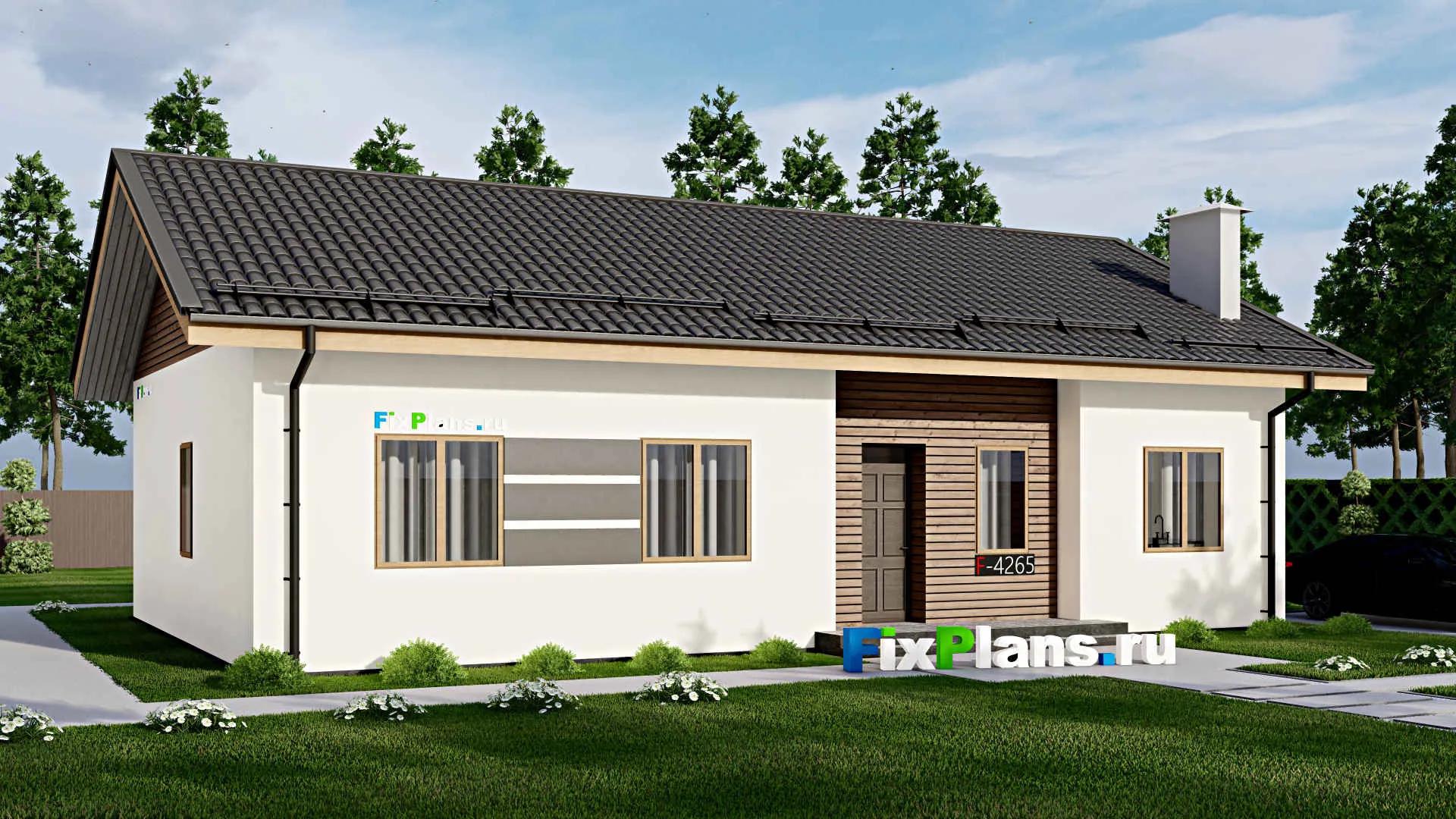 F-4265 - Проект одноэтажного дома 10 на 15, площадью 130 м² с террасой и 4 спальнями