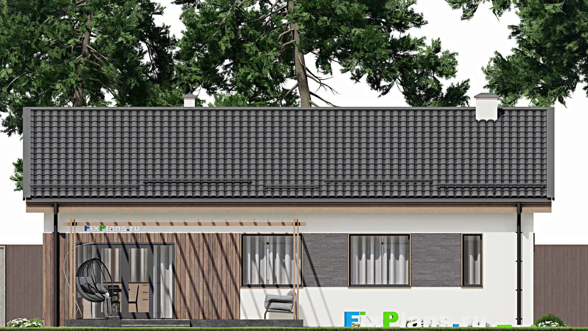 F-5597 - Проект одноэтажного дома 10 на 14, площадью 140 м² с террасой и 3 спальнями