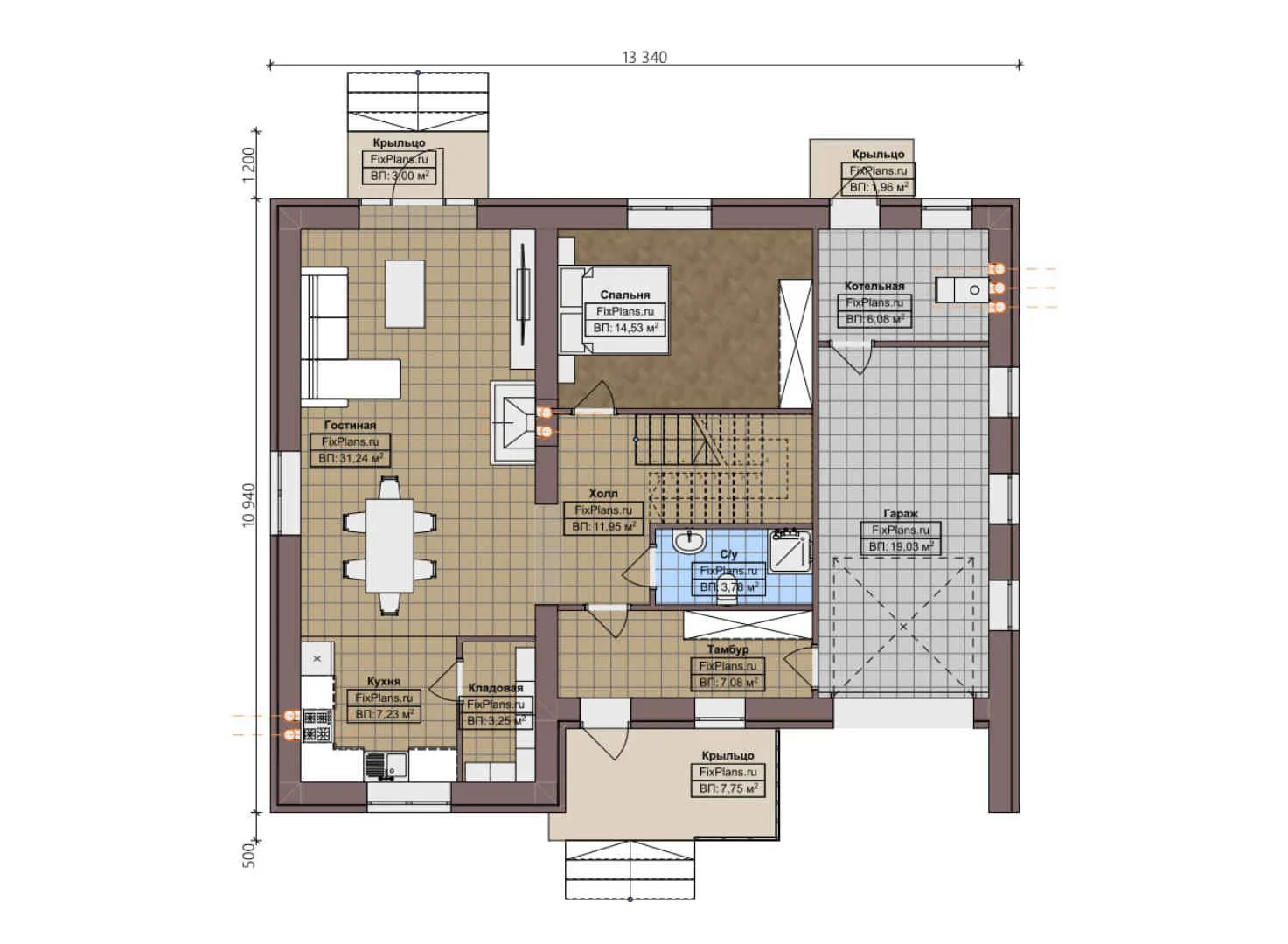 F-4742 - Планы двухэтажного дома 11 на 14, площадью 230 м² с балконом, гаражом на 1 машину и 4 спальнями
