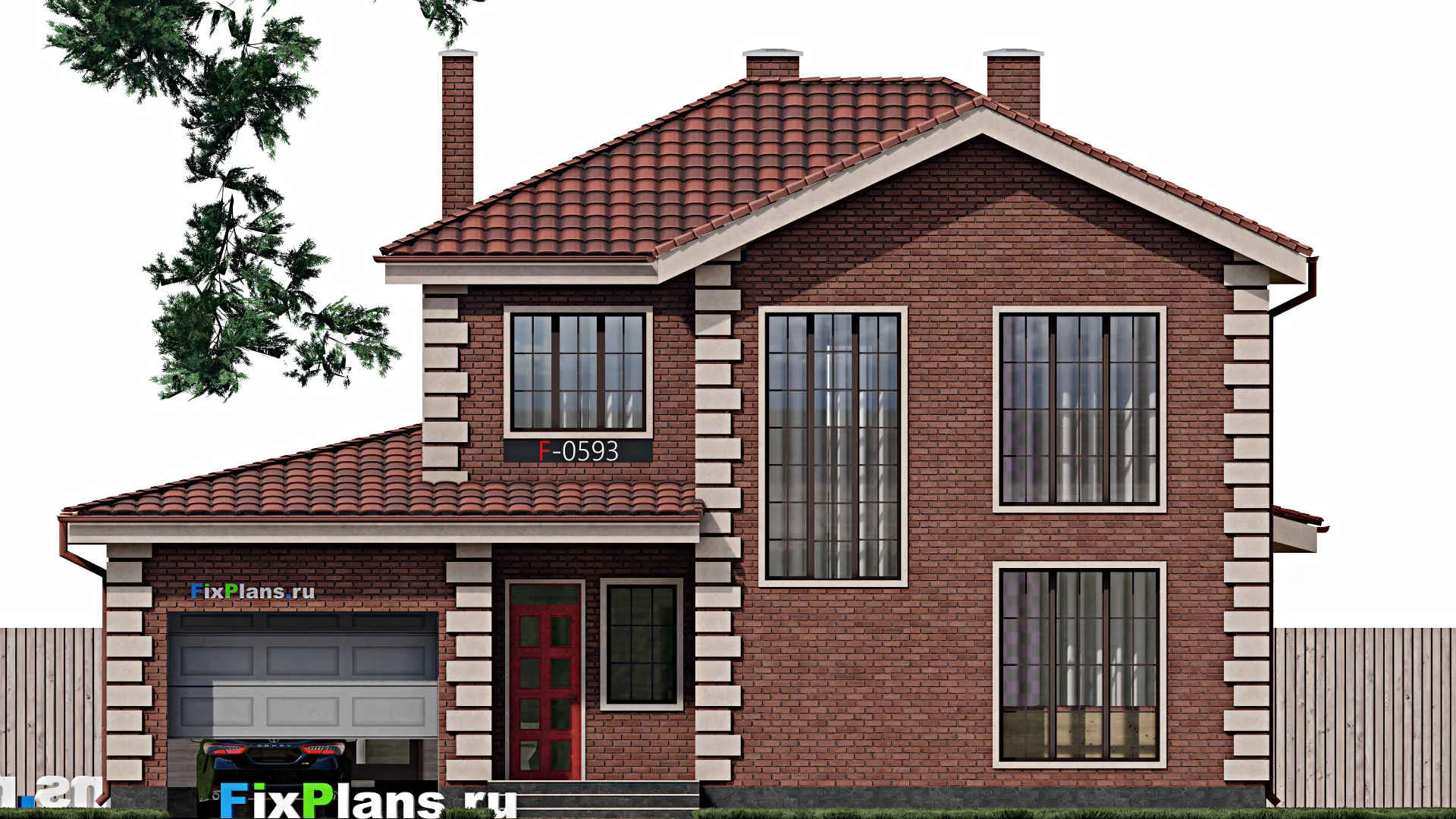 F-0593 - Проект двухэтажного дома 10 на 14, площадью 170 м² с террасой, гаражом на 1 машину и 5 спальнями