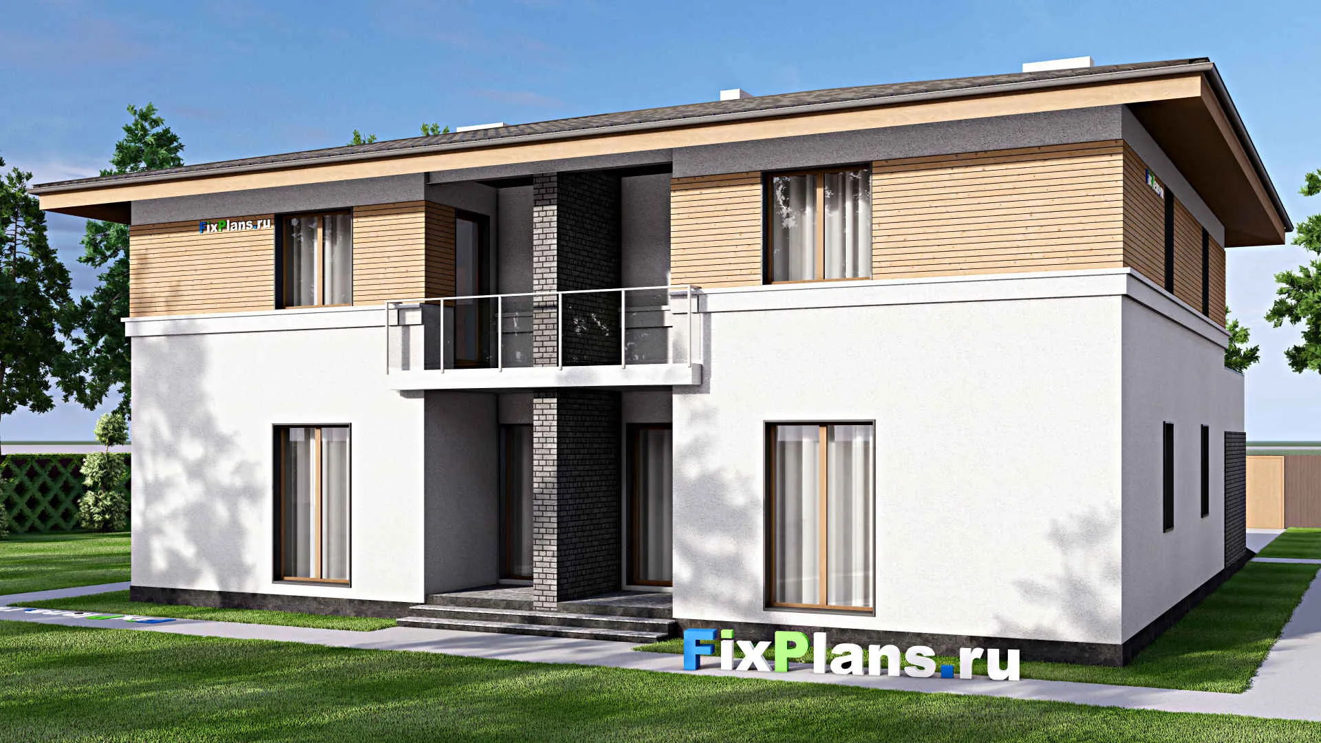 F-16667 - Проект двухэтажного дома 17 на 17, площадью 340 м² с балконом, гаражом на 2 машины и 6 спальнями