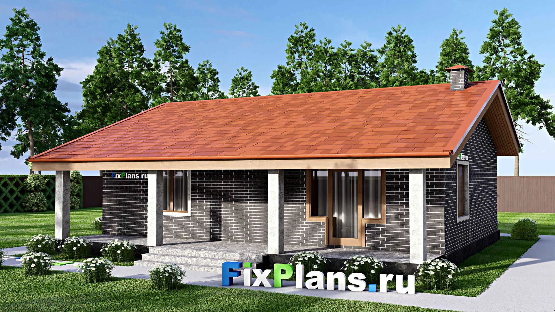 F-14165 - Проект одноэтажного дома 12 на 12, площадью 100 м² с террасой и 2 спальнями