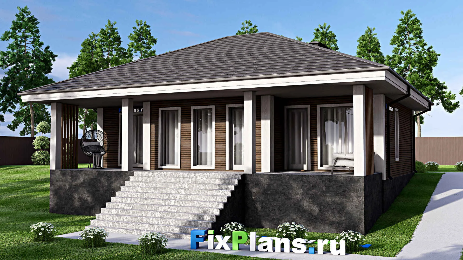 F-14678 - Проект одноэтажного дома 13 на 14, площадью 130 м² с террасой и 3 спальнями