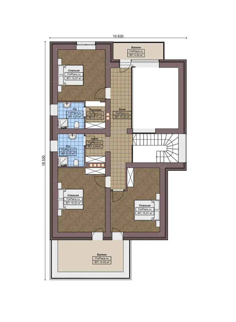 F-5732 - Планы дома с мансардой 11 на 20, площадью 240 м² с террасой, балконом, гаражом на 1 машину и 3 спальнями