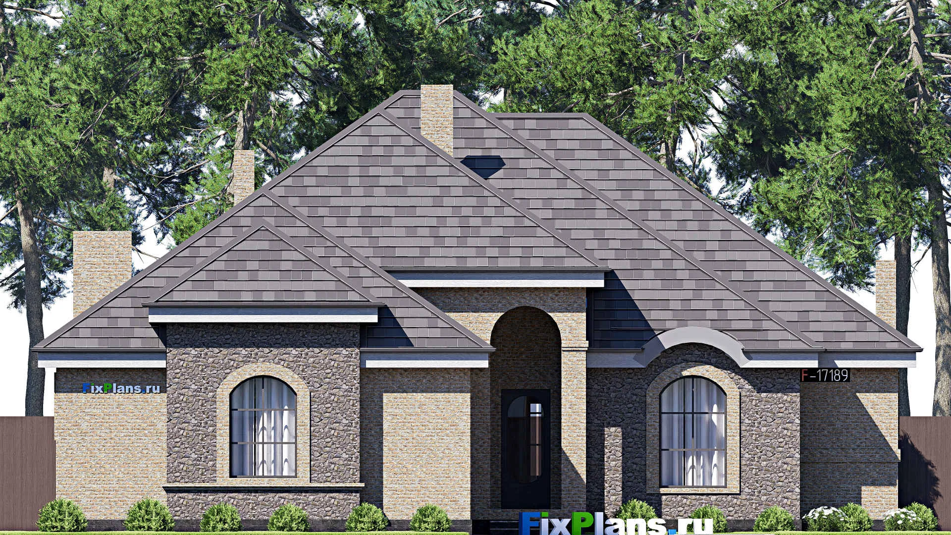 F-17189 - Проект одноэтажного дома 17 на 28, площадью 280 м² с террасой, гаражом на 2 машины и 3 спальнями