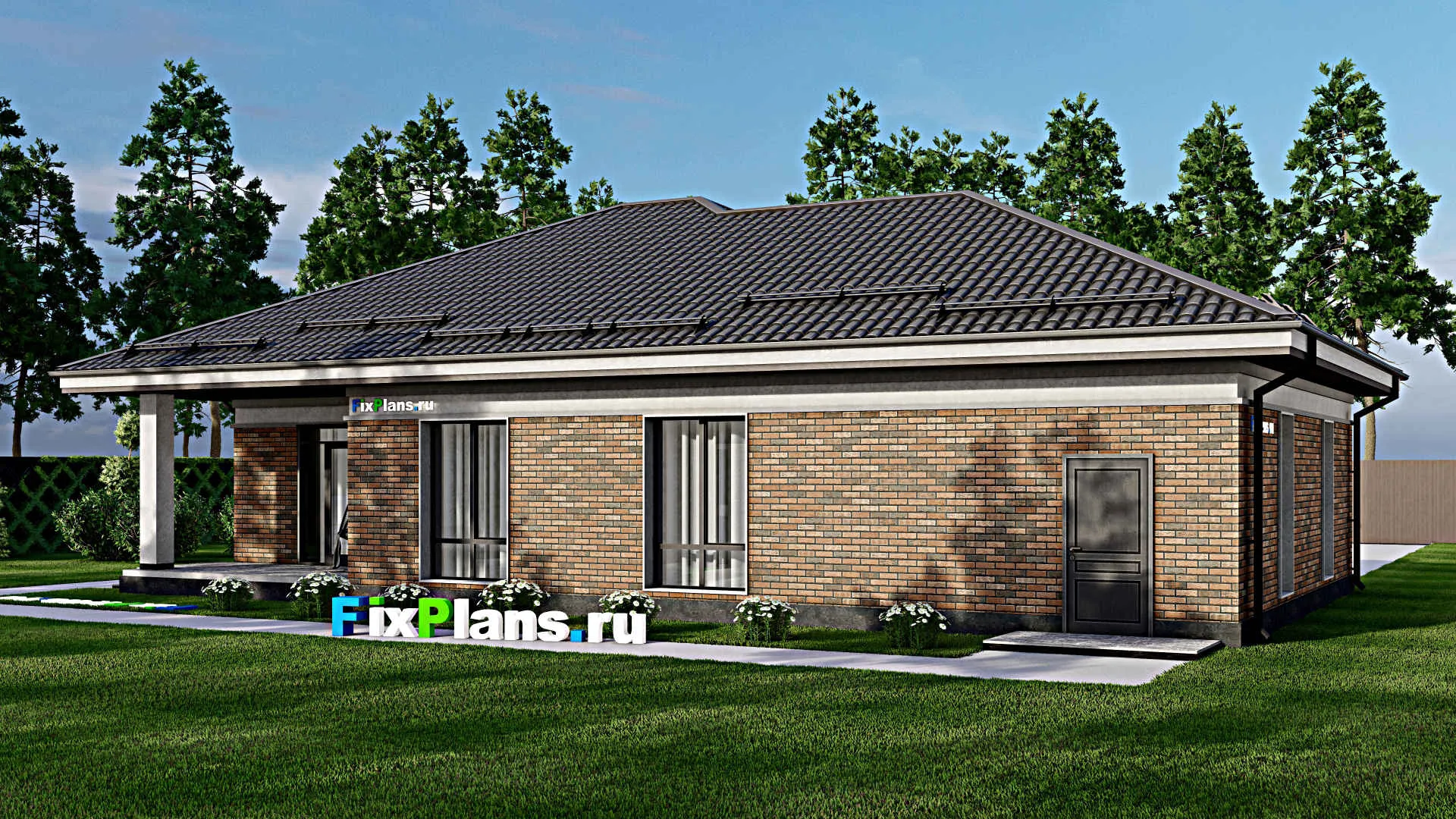 F-2555 - План одноэтажного дома 12 на 18, площадью 180 м² с террасой, гаражом на 2 машины и 3 спальнями