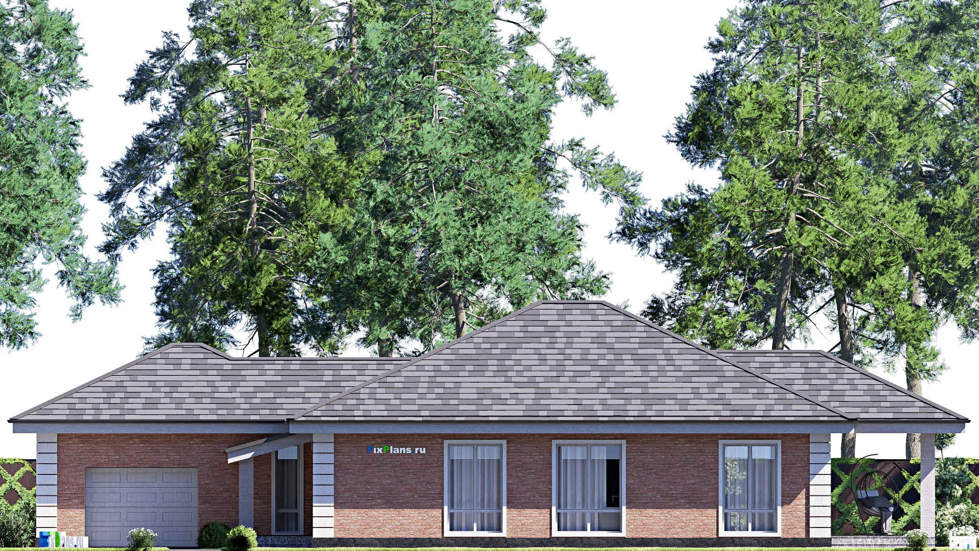 F-18728 - План одноэтажного дома 14 на 24, площадью 200 м² с террасой, гаражом на 2 машины и 3 спальнями