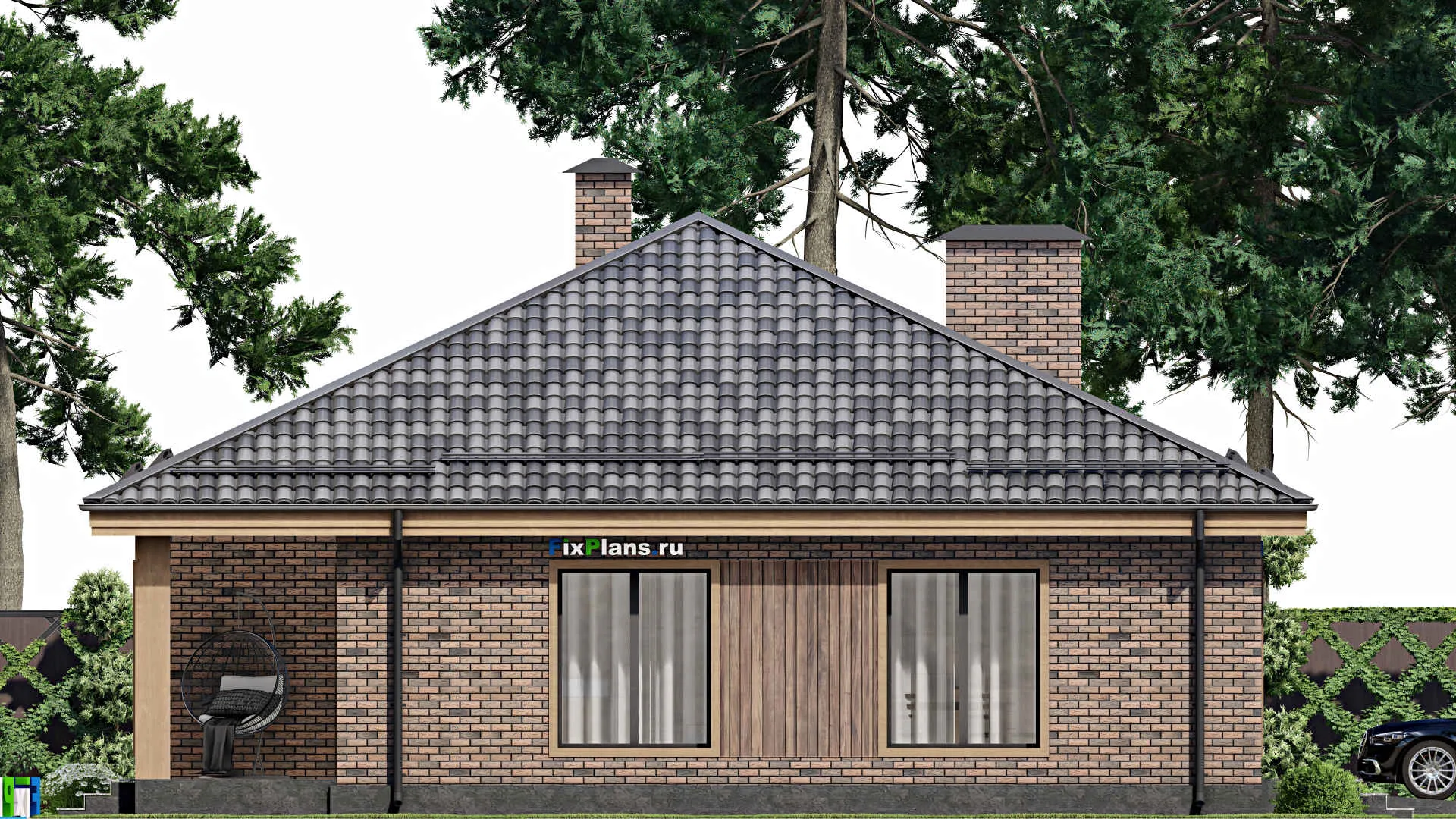 F-8657 - Проект одноэтажного дома 14 на 20, площадью 190 м² с террасой, гаражом на 1 машину и 3 спальнями