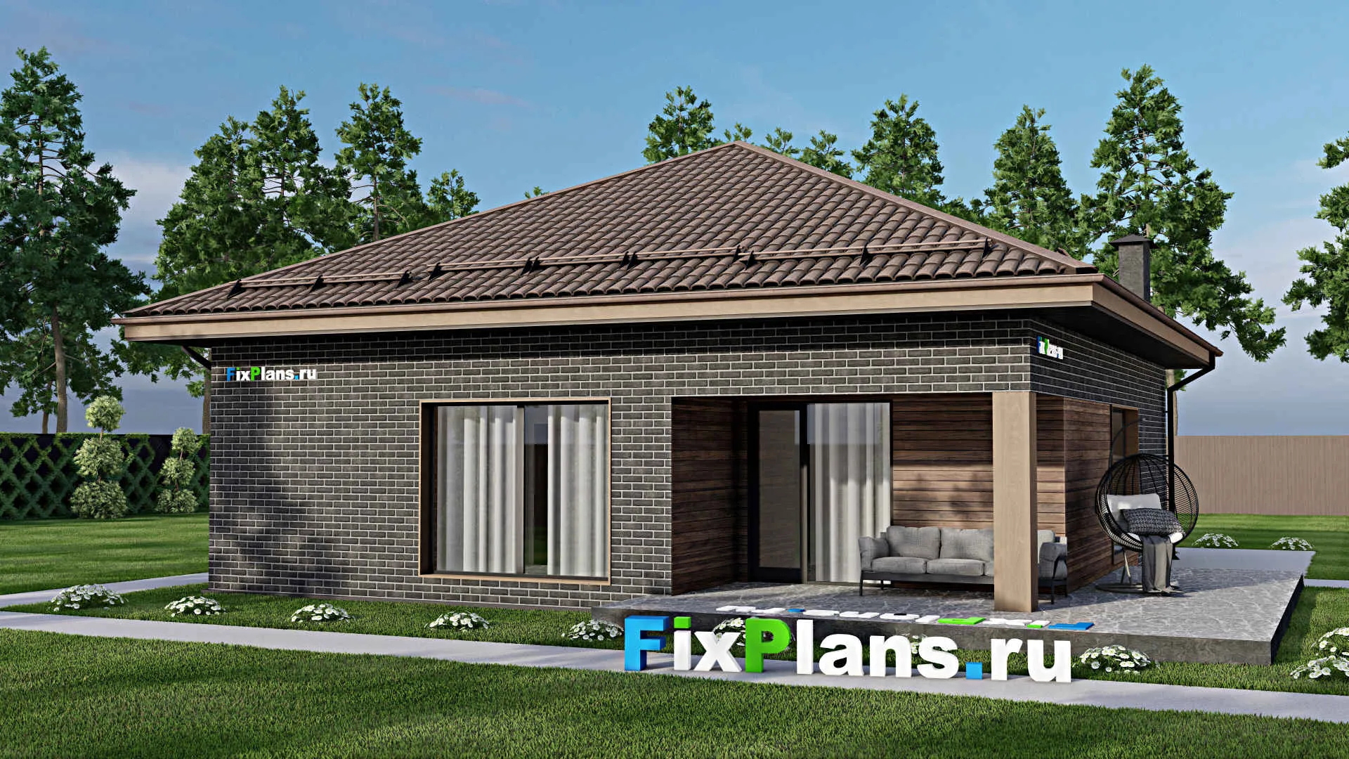 F-6353 - План одноэтажного дома 12 на 13, площадью 150 м² с террасой и 3 спальнями