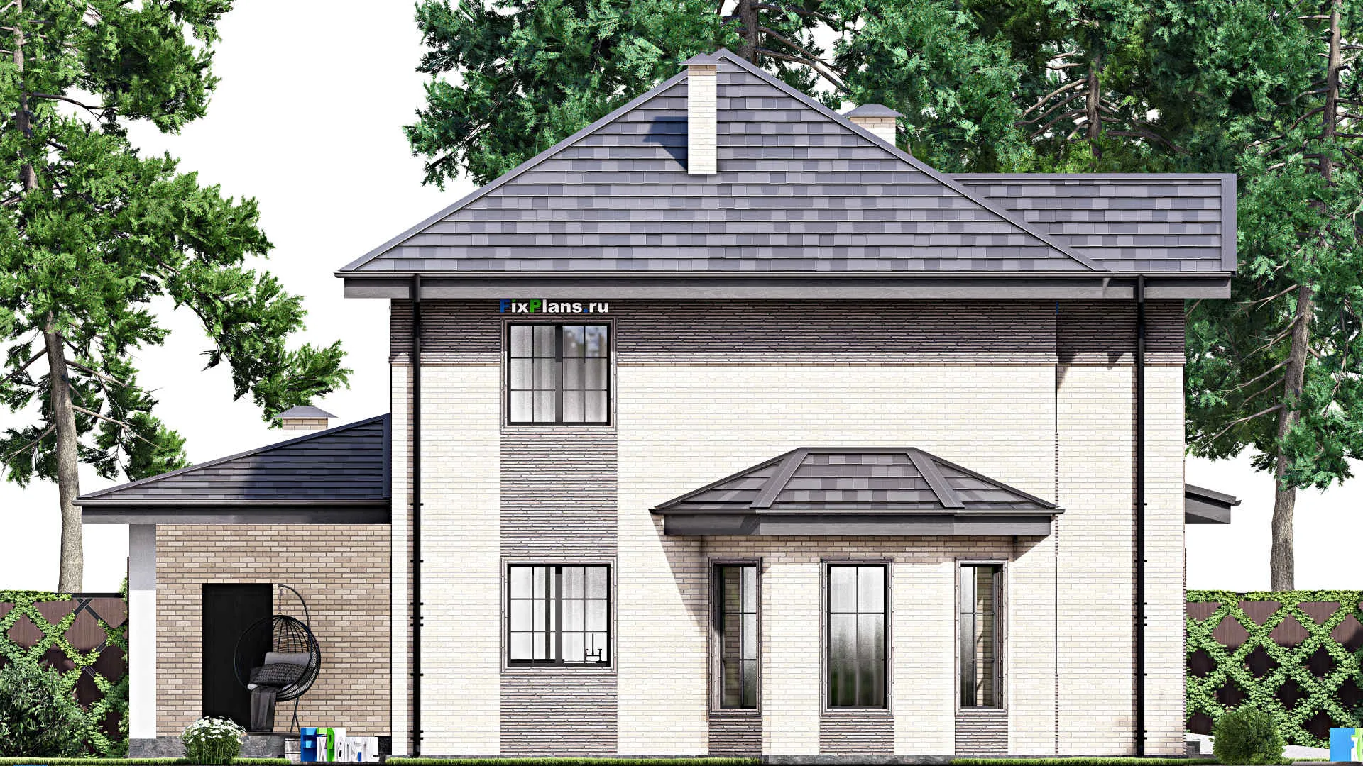 F-12635 - Проект двухэтажного дома 15 на 15, площадью 220 м² с террасой, баней, гаражом на 1 машину и 4 спальнями