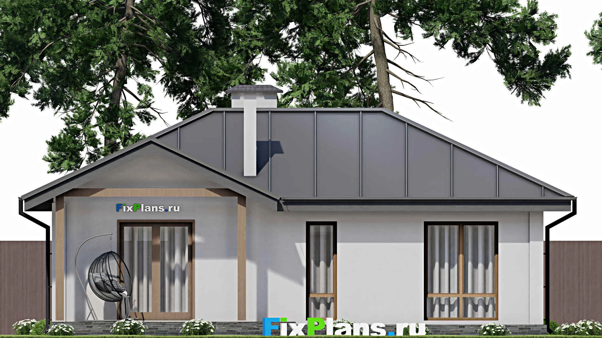 F-11564 - Проект одноэтажного дома 12 на 12, площадью 90 м² с террасой и 2 спальнями