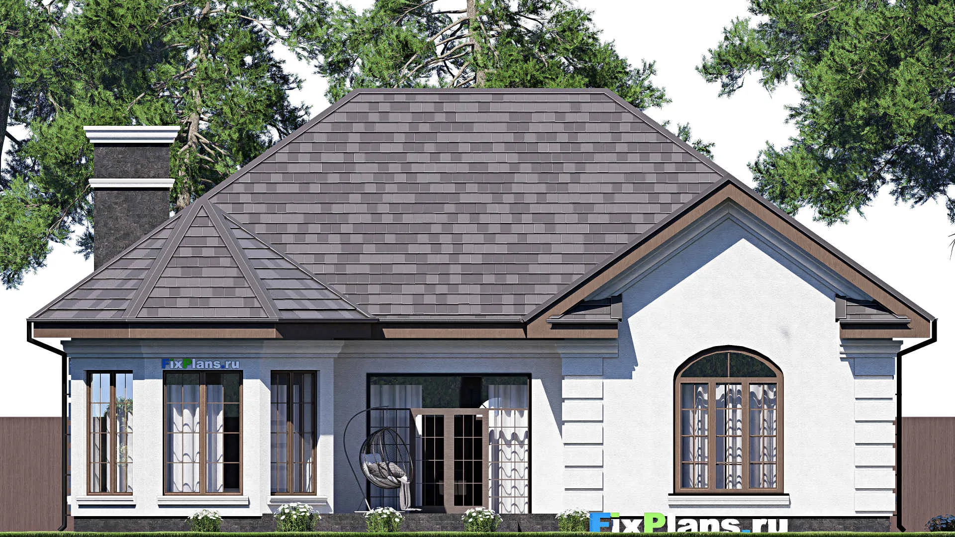 F-17558 - Проект одноэтажного дома 17 на 21, площадью 280 м² с террасой, гаражом на 2 машины и 3 спальнями