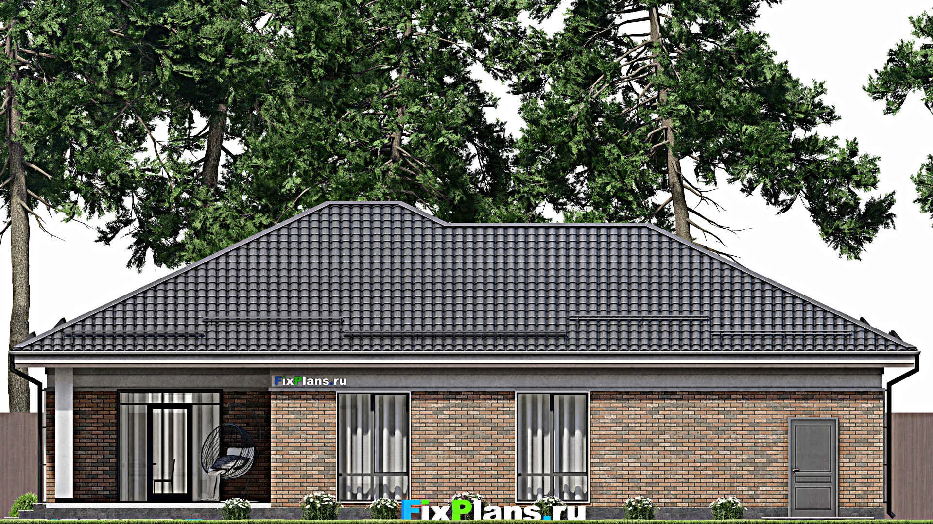 F-2555 - План одноэтажного дома 12 на 18, площадью 180 м² с террасой, гаражом на 2 машины и 3 спальнями