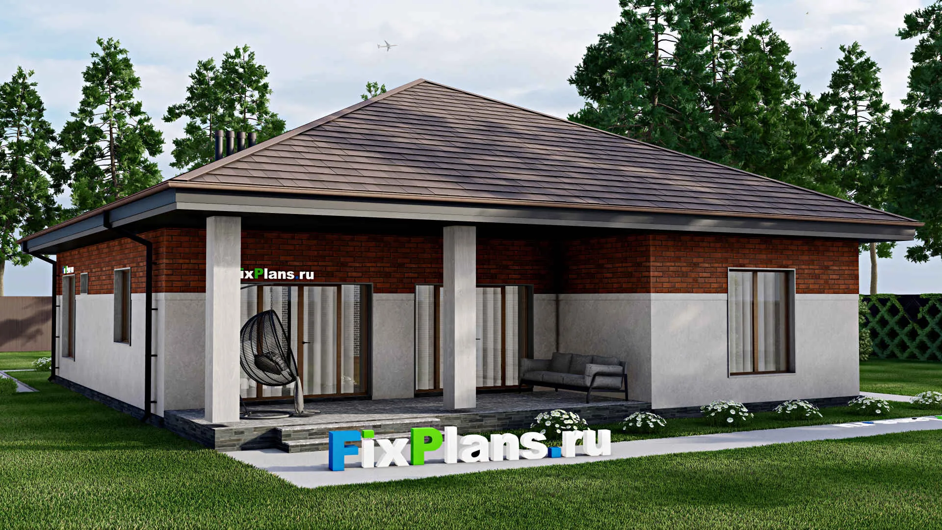 F-9782 - Проект одноэтажного дома 14 на 17, площадью 170 м² с террасой и 3 спальнями