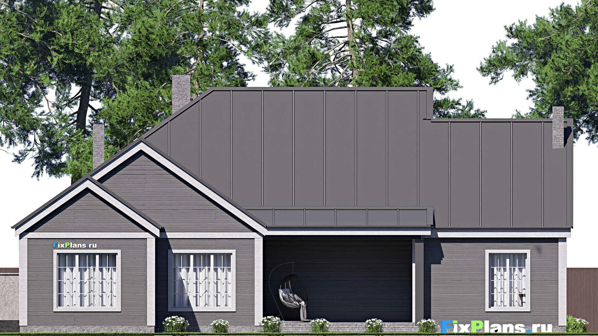 F-17081 - Проект одноэтажного дома 20 на 21, площадью 260 м² с террасой, гаражом на 2 машины и 4 спальнями