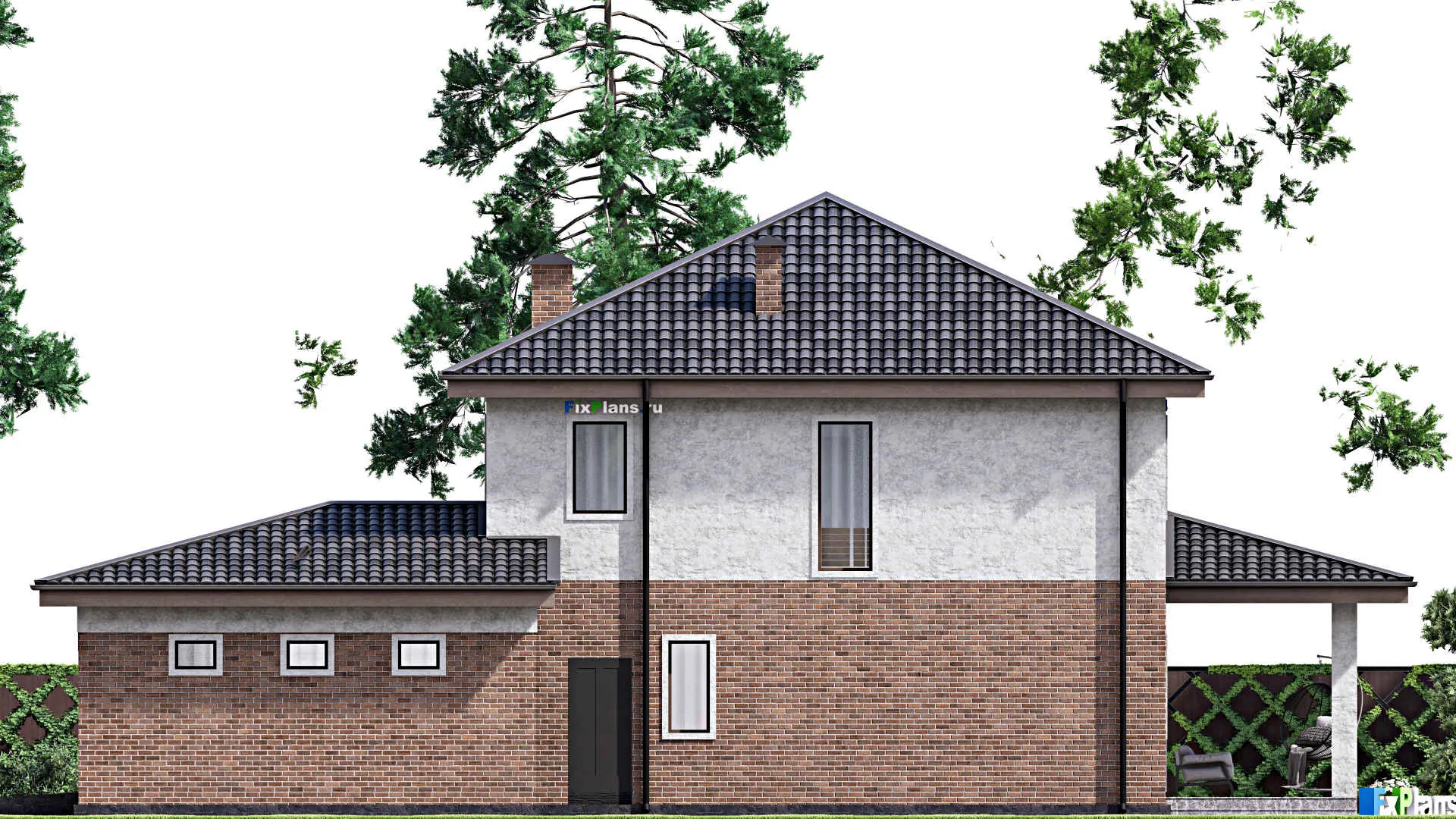 F-13013 - Планы двухэтажного дома 12 на 21, площадью 260 м² с террасой, гаражом на 2 машины и 5 спальнями