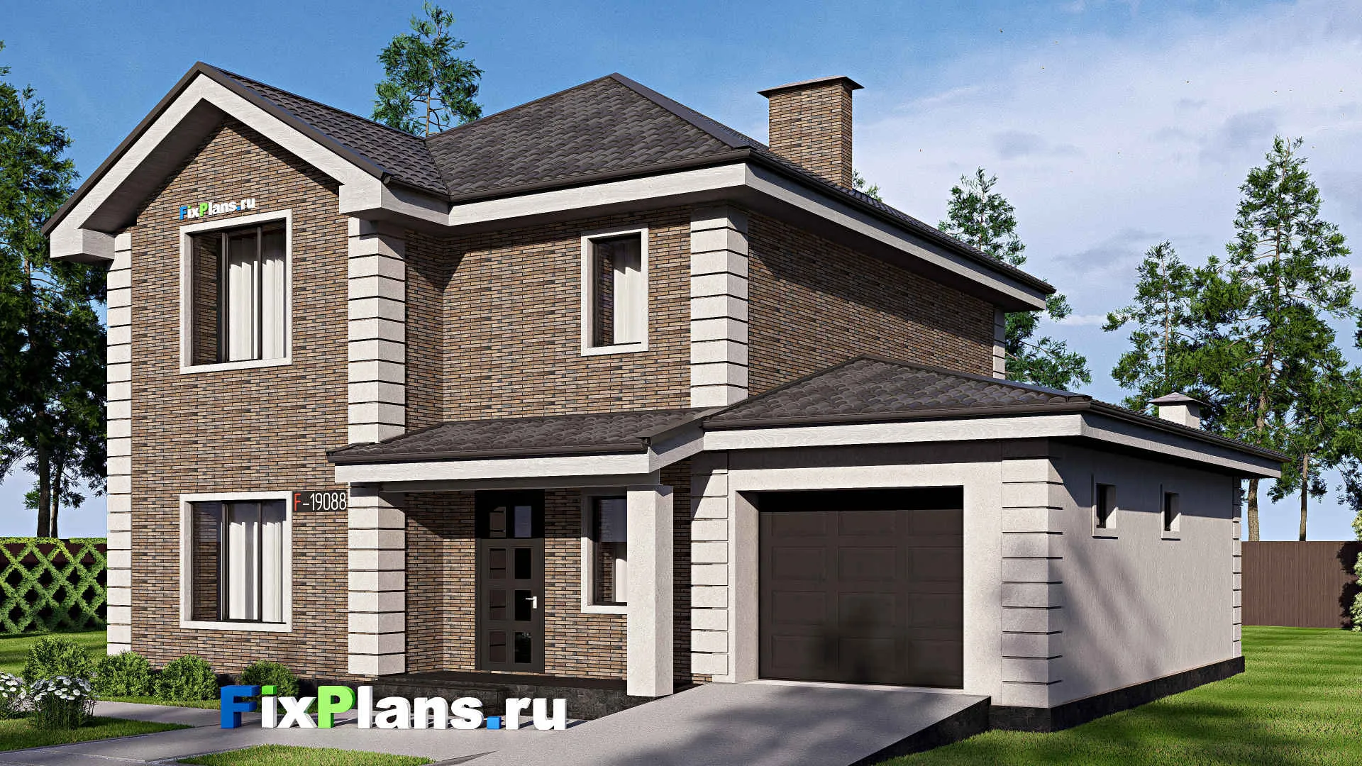 F-19088 - Проект двухэтажного дома 15 на 15, площадью 220 м² с террасой, гаражом на 1 машину и 4 спальнями