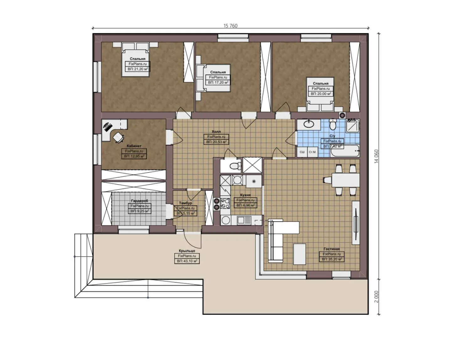 F-2195 - План одноэтажного дома 15 на 16, площадью 200 м² с 3 спальнями