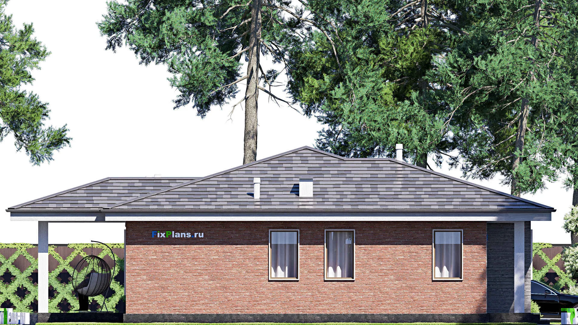 F-20348 - Проект одноэтажного дома 12 на 15, площадью 120 м² с террасой и 3 спальнями