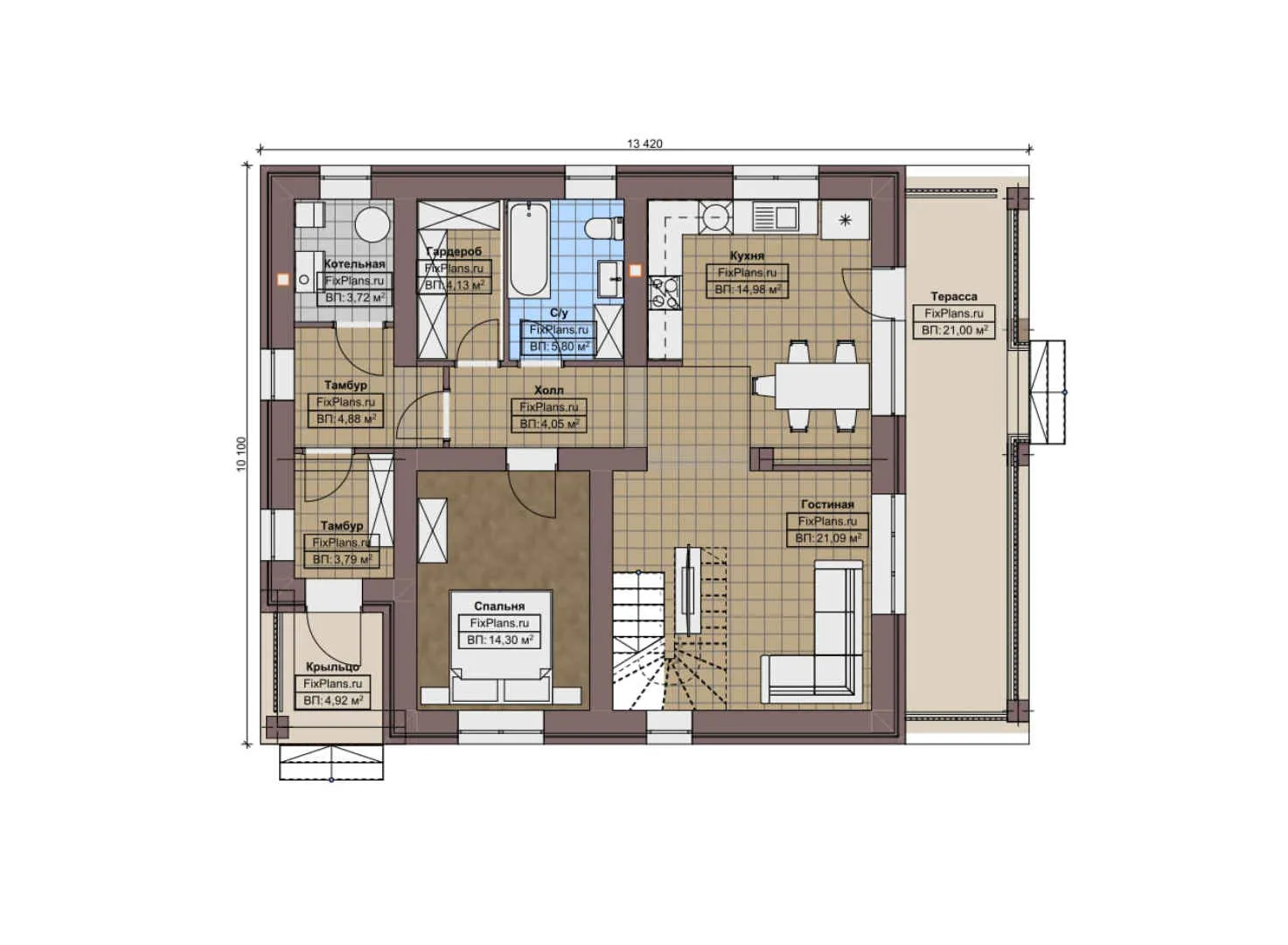F-9044 - Планы дома с мансардой 11 на 14, площадью 210 м² с террасой, балконом и 4 спальнями