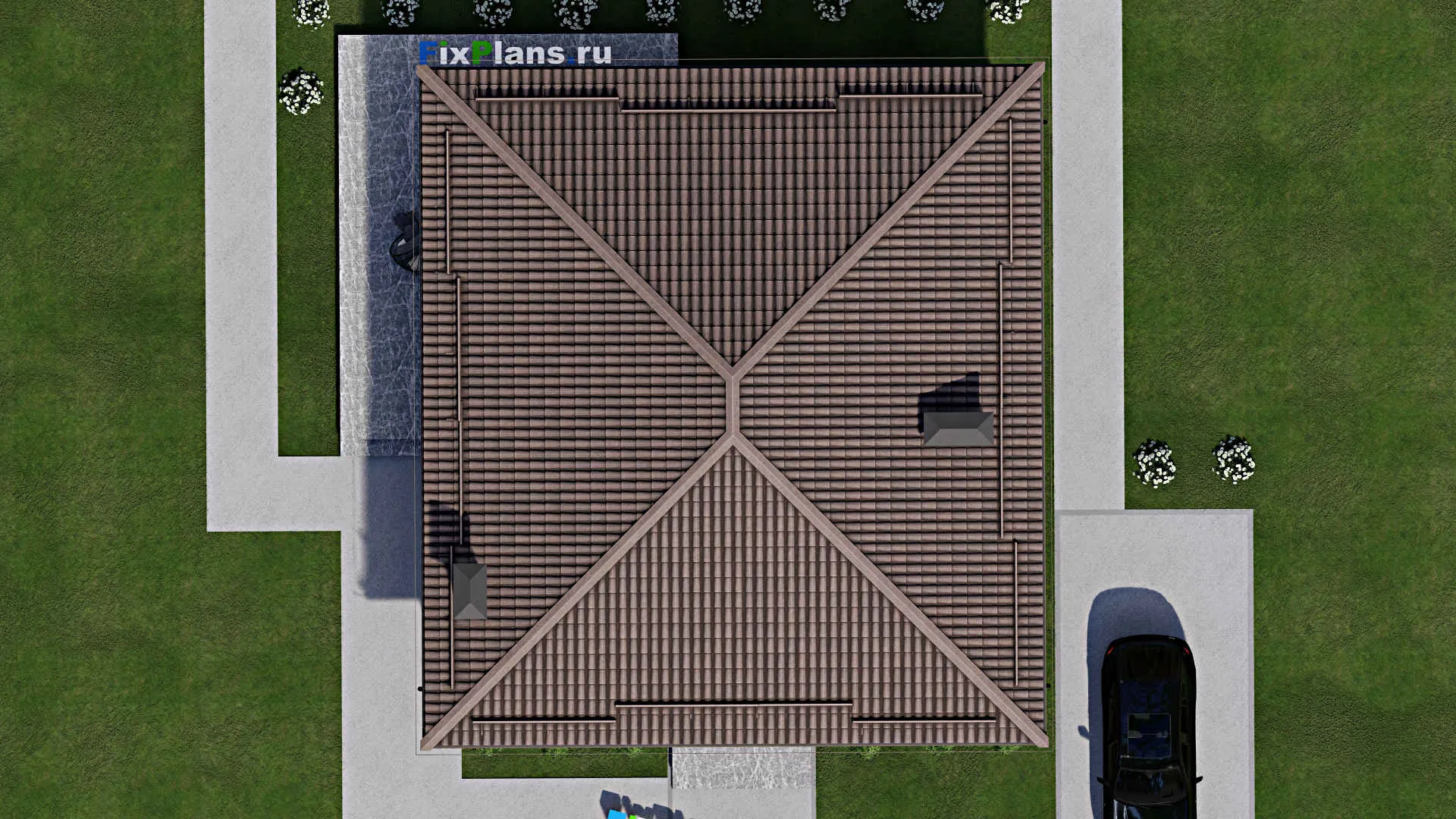 F-6353 - План одноэтажного дома 12 на 13, площадью 150 м² с террасой и 3 спальнями