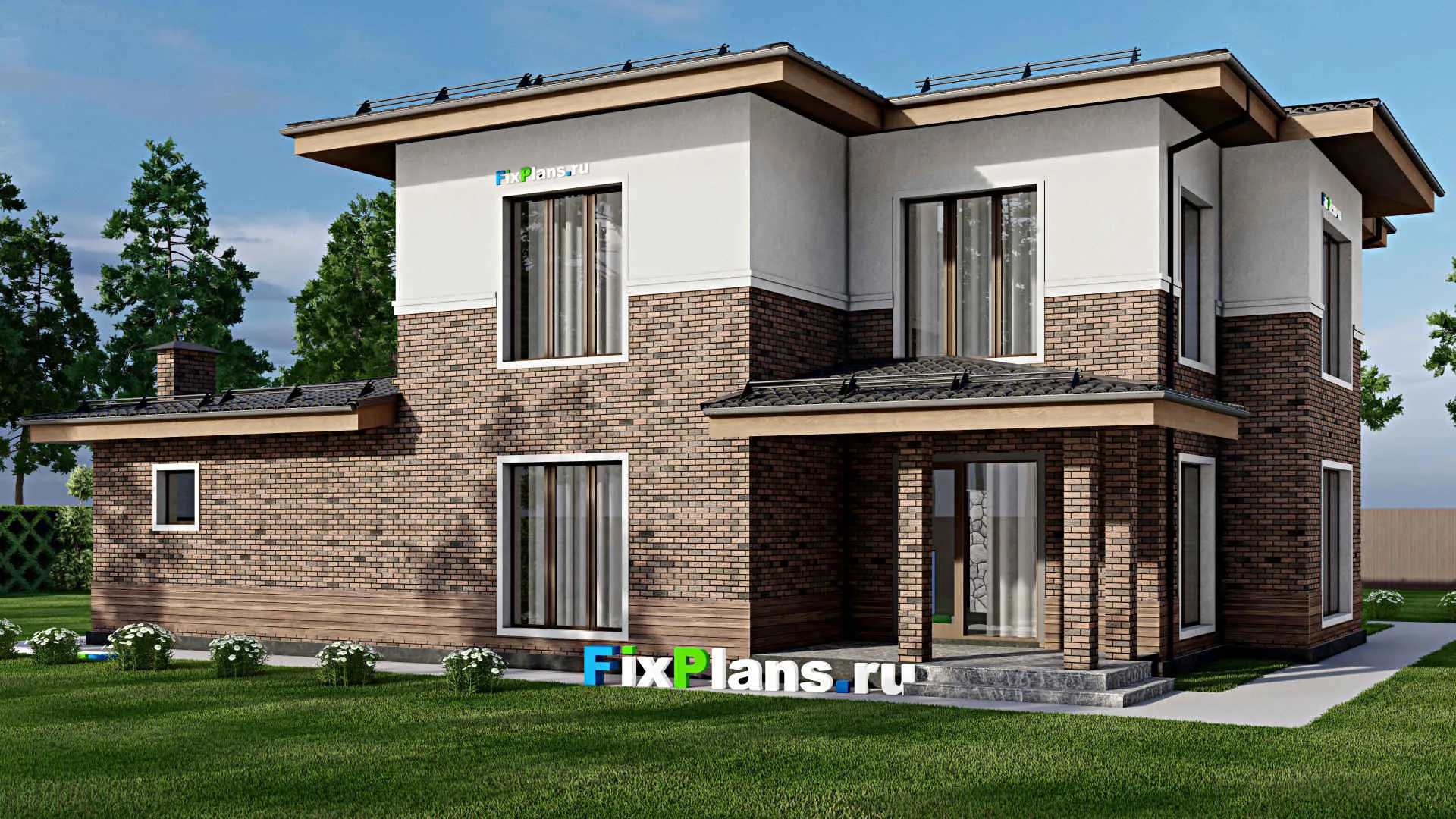 F-10205 - Проект двухэтажного дома 16 на 18, площадью 250 м² с террасой, баней, гаражом на 2 машины и 4 спальнями