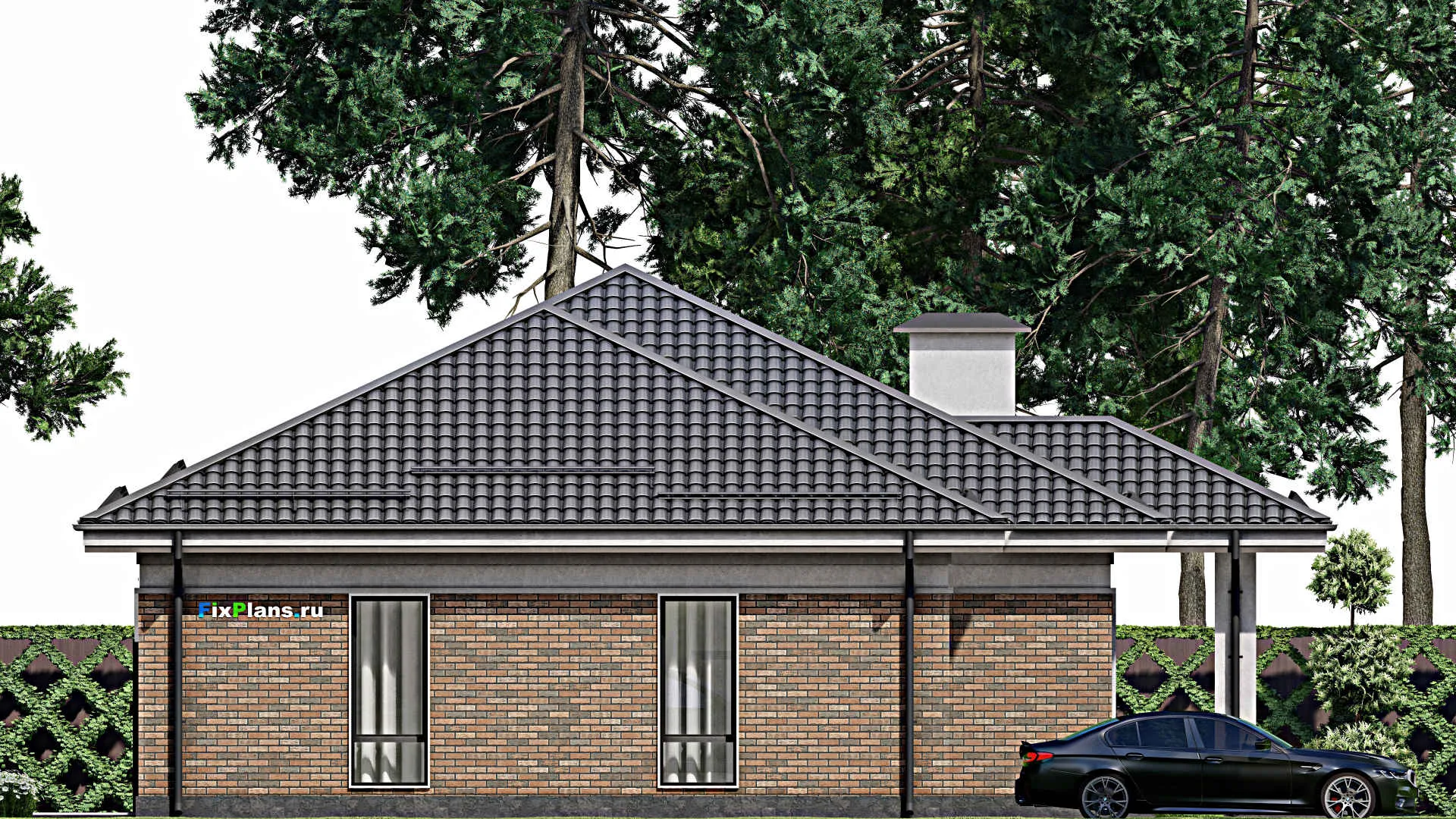 F-2555 - План одноэтажного дома 12 на 18, площадью 180 м² с террасой, гаражом на 2 машины и 3 спальнями