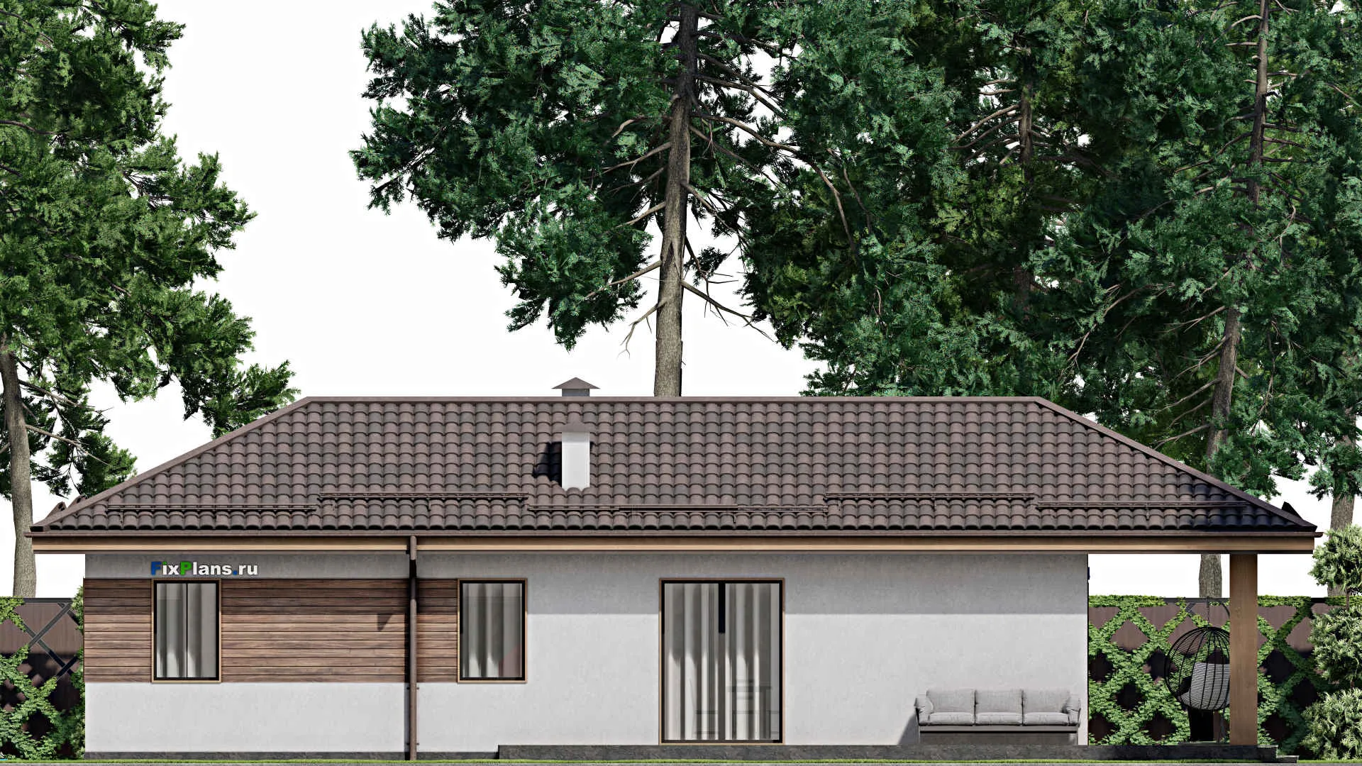 F-6308 - Проект одноэтажного дома 15 на 21, площадью 190 м² с террасой и 4 спальнями