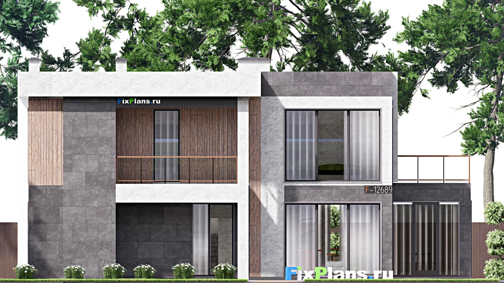 F-12689 - Проект двухэтажного дома 13 на 17, площадью 300 м² с террасой, балконом, баней и 5 спальнями