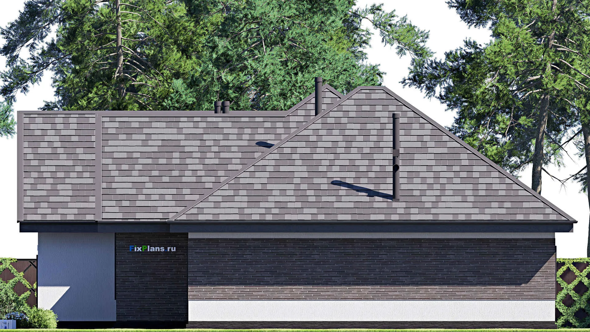 F-19880 - План одноэтажного дома 18 на 24, площадью 280 м² с террасой, гаражом на 2 машины и 3 спальнями