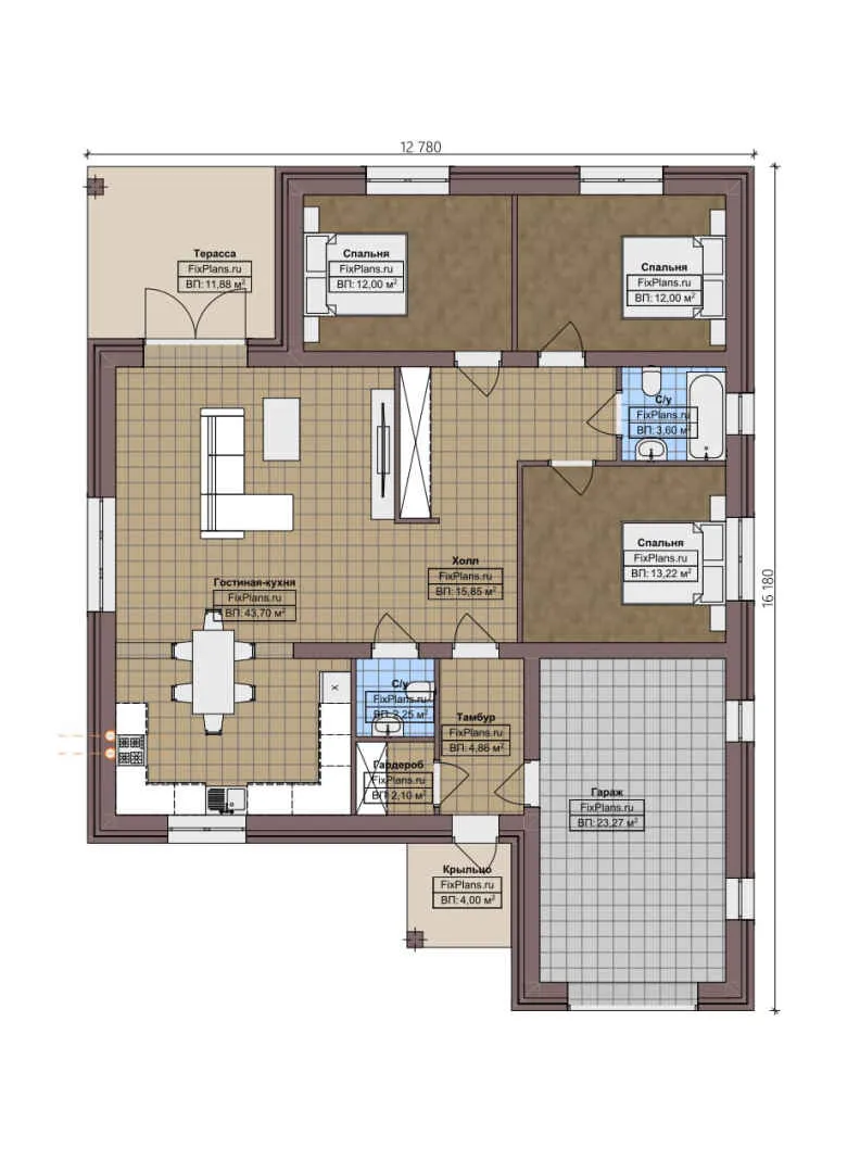 F-4013 - План одноэтажного дома 13 на 17, площадью 150 м² с террасой, гаражом на 1 машину и 3 спальнями